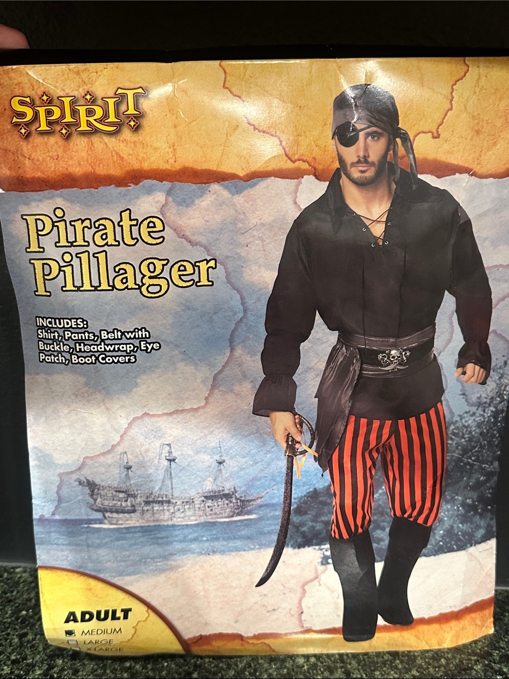 Mens Pirate Halloween costume Red Striped Pants shirt boot covers sash M new